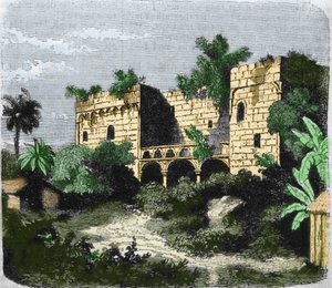 Christopher Columbus tarafından oğlu Diego Columbus (Diego Colon y Moniz) (1480-1526) için Santo Domingo adasında inşa edilen “Alcazar de Colón” evinin görünümü. 19. yüzyılın gravürü. by Unknown artist
