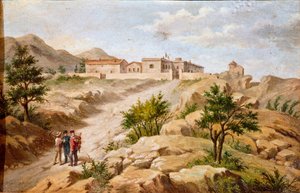 İtalyan vatansever ve Risorgimento Giuseppe Garibaldi (1807-1882) a Caprera (Sardunya) Garibaldi kahramanlarının evinin görünümü, resmin solunda iki köylü ile birlikte. 19. yüzyıl Roma Museo del Risorgimento