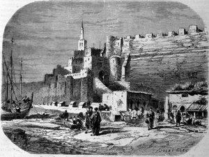 Müstahkem şehir Tangier ve sahil, Fas limanının görünümü. 1860 yılına ait gravür. by Unknown artist