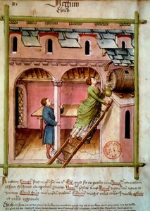 Sirke: genç bir kadın bir testi doldurur. İlaç ve diyetetik sağımlarından aydınlatma “” Tacuinum sanitatis”” by Unknown artist