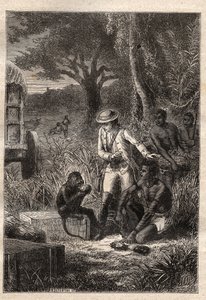 Voyage dans la Caffrerie (Güney Afrika) (1781), Francois Levaillant (Le Vaillant) (1753-1824): Levaillant ve meyvelerin ve köklerin yenilebilir olduğunu doğrulamak için tadına bakan maymun degustatörü Maitre Kees “” Les Gra by Unknown artist