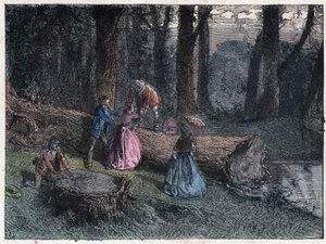 Yürüyenler, ağacın gerginliğini inceleyerek ölü bir meşenin yaşını hesaplamaya çalışırlar. 19. yüzyılın sonlarında gravür. by Unknown artist