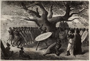 Landines veya caffres-zulus, bir Sena (Zambese Nehri bölgesi, Mozambik) savaşçı egzersizleri. 1840
