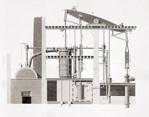 Watt buhar makinesi. Şema. 19. yüzyıl gravürü by Unknown artist