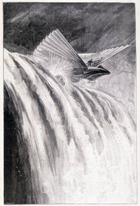 Şelaleden geçen kanatlı araç, hasta. “Dünyanın Efendisi”, Jules Verne, 19. yüzyıl sonu. by Unknown artist