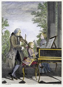 Piyanoda Wolfgang Amadeus Mozart çocuğu, etrafı kemanda babası Leopold ve şarkı söyleme - gravürde kız kardeşi Marianne ile çevrili by Unknown artist