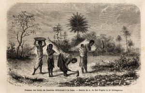 Zambeze kıyılarından bir çapa çıkaran ve çocukları tarım işçiliğiyle tanıştıran kadınlar. Dr. Livingstone