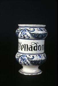 Eczacılıkta kullanılan zehirli bitki olan Belladonna içeren XVI. yüzyıl eczane kabı. Bilim ve Teknoloji Müzesi, Milano. by Unknown artist