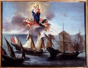 Bir kadırga ve bir barbar yarım kadırga tarafından saldırıya uğrayan bir Cenova teknesi. Ex-voto 1796. Cenova-Pegli Deniz Müzesi. by Unknown artist