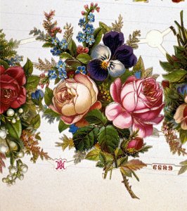 Güller, menekşeler ile karıştırılmış bir buket. 19. yüzyıl kromolitografisi. by Unknown artist