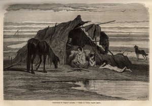 Kuzey Bosna'nın ovalarında bir göçebe çingene kampı. Güney Slavlar arasındaki seyahatin anılarını göstermek için gravür, Georges Perrot tarafından 1868'de, "Le tour du monde" 1870-1871'de yayınlandı, editör Edouard Charton tarafından, by Unknown artist