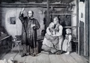 Bir doktor, yoksulluk içinde yaşayan bir anne ve iki çocuğunu ziyareti sırasında bir şişeyi, muhtemelen bir idrar şişesini inceliyor (gravür) by Unknown artist