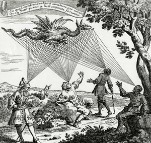 Zahn'ın “Oculus yapayis teledioptricus” tablosunun bakır gravürüne dayanan farklı görsel açılardan görülen bir ejderha. by Unknown artist