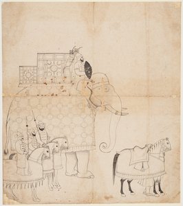 Caparisoned Fil ve Atların bir çizimi by Unknown artist