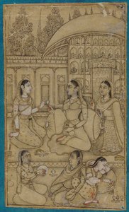 Bir avluda oturan bir bayan ve görevlileri by Unknown artist