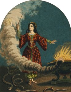 Sihirli değnek, kazan ve yılanlarla sorti yapan bir sihirbaz (cadı). 1852