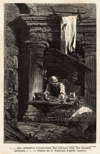 Dükkanını kuran ve antik kalıntılarda çalışan bir kunduracı. Gravür dökün illustrrer le voyage à Roma, Francis Wey tarafından, 1864-1868