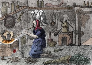 Laboratuvarında sihirli bir iksir hazırlayan bir cadı, sihirli otlarla dolu bir boynuz. 16. yüzyıl gravürü by Unknown artist