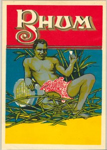 Bir bardak rom tutan genç bir siyah adam çıplak (reklam) (Kromolitografi by Unknown artist