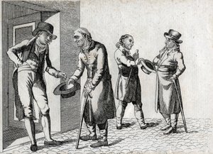 Amon. Madeni paraları yerleştirmek için şapkalarla uğraşan dilenciler. 18. yüzyılın son gravürü. Özel koleksiyon. by Unknown artist