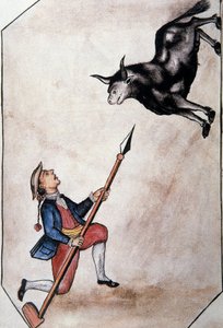 Baltazar Martinez Compañón y Bujanda, Trujillo piskoposu (1782-1785) tarafından yazılan "Trujillo del Peru" veya "Códice Martínez Compañón" kitabından mızrağıyla boğayı gösteren bir Kızılderili by Unknown artist