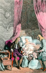 Gözlemci doktor Hasta olan veya çoktan ölmüş bir kadın, ailesi ve doktor tarafından kuşatılır. Çocuklar gözyaşları içinde. 1780 civarında gravür. Paris, Tıp Akademisi by Unknown artist