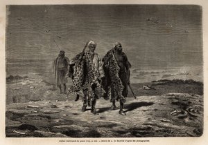 Arap Bedevileri, panter derisi ve koyun yünü tüccarları, Bağdat (Irak) yürüyüşüne giderken. Guillaume Lejean