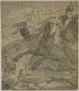 Ön Planda At Sırtında Hücum eden General, Arka Planda Topçu ve Toplar ile Savaş Sahnesi by Unknown artist