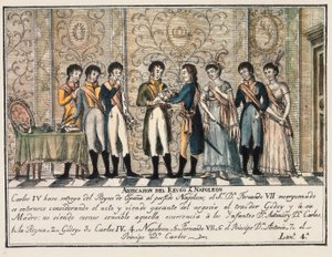 Bayonne'nin 1808'de İspanya Kralı IV. Charles'ın tahttan çekilmesini gören Aranjuez ayaklanmasının ardından, oğlu Ferdinand VII'den (Fernando VII) önce tahtı Napolyon I'e devrettiği röportajı by Unknown artist