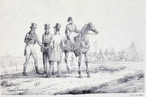 At sırtında bir jokey ile yarış alanının kenarında bahis yapın - litografi, deb. 19. yüzyıl by Unknown artist