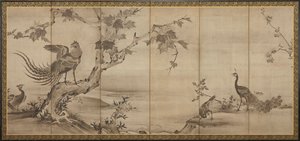 Kuşlar, çiçekler ve ağaçlar: arkada bambu ağaçları by Unknown artist