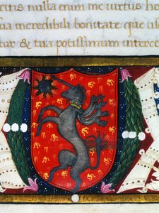 Blazon bir tek boynuzlu atı, kırmızı bir arka plan üzerinde bir yıldızı süslüyor. Minyatür detayı. 14. yüzyıl by Unknown artist