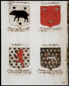 Yuvarlak Masa Şövalyelerinin Blazonları: 1. Brallain, iki vuruşlu şövalye, 2. Norgales Şövalyesi, 3. Gallehault, 4. Lystenois amoratı. SD. 19. yüzyıl. by Unknown artist