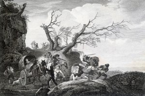 Yolda yolculara saldıran haydutlar. 18. yüzyıldan kalma bir isimsiz gravür. by Unknown artist