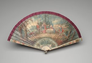 Açık hava partisi sahneli Brisé yelpaze, c.1700-25 (fildişi bıçaklarda guaj, ipek kurdele, yaldız, bağa, sedef ve pirinç) by Unknown artist