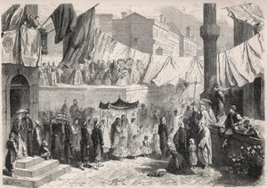 Fete Dieu (Fete-Dieu) vesilesiyle Konstantinopolis sokaklarında Katolik Alayı - “Şanlı Dünya”da Gravür by Unknown artist