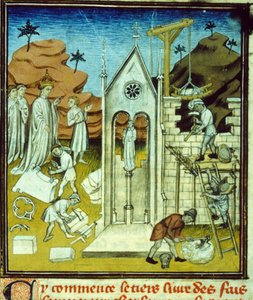 Charlemagne bir katedralin inşaat alanını ziyaret ediyor - 14. yüzyılın sonlarına ait Orta Çağ “Büyük Saint-Denis Chronicles” yazısına ilişkin el yazması aydınlatması (ref. 512, 096r) Toulouse Belediye Kütüphanesinden izin talebi (tel: 05 62 by Unknown artist