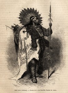 Lewis Nehri boyunca yaşayan Karga Kızılderili kabilesinin Şef Sarı Moccassin. Kolombiya ve Yukarı Missouri havzalarındaki Kızılderili kabileleri arasında bir geziyi gösteren gravür, G. Catlin tarafından 1855