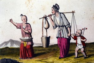 Çin. Büyük olan bir sepet pirinç taşıyan 2 çocukla birlikte su taşıyan bir kadın. 19. yüzyılın baskıları. by Unknown artist