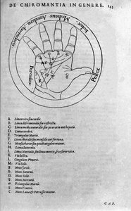 Chiromancy ve kehanet tahmini: kişiliğin yorumlanmasına izin veren elin farklı çizgilerinin temsili. Robert Fludd (Robertus de Fluctibus) (1574-1637) 1617