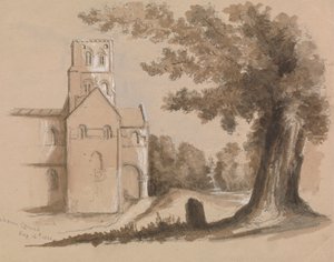 Ön Planda Ağaç ve Mezar Taşı Olan Kilise by Unknown artist