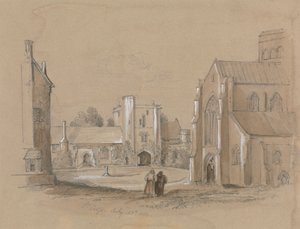 Ön Planda İki Figürlü Kilise Avlusu by Unknown artist