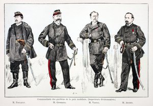 Harekete geçirilmiş barış güçlerinin komutanları (bölük müfettişleri), soldan sağa: Bay Foucault, Bay Giobergia, Bay Vassal, Bay Archer. Nezaretinde yayınlanan “Barış Muhafızları Kolordusu Tarihi” kitabının illüstrasyonu için renkli gravür by Unknown artist