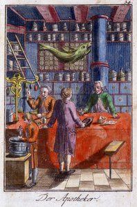 El Sanatları: atölyesinde eczacı (eczacı). Johan Peter Vire tarafından "Gençler için sanat ve zanaat ve atölye çalışmalarının kapsamlı açıklaması"nda. Ed. Nürnberg, Weigel ve Schneider by Unknown artist