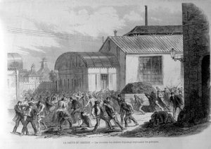 Creusot vuruşu. Düzenleme atölyelerinin işçileri grevcileri geri püskürtüyor. 19. yüzyıl gravür. by Unknown artist