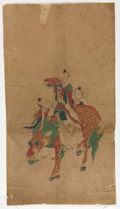 Bir Qilin ve İki Görevli üzerinde Daoist Ölümsüz by Unknown artist