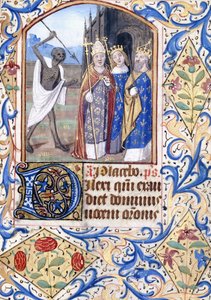 Mızrağıyla Üç Figürü Gösteren Ölüm, Bir Papa, Bir Kral, Bir Kral ve Bir Kraliçe, Gotik Bir Kilisenin Önünde Duran, 1470 dolayları by Unknown artist