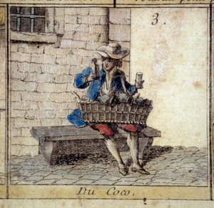 Cree of Paris kazı oyununun detayı: hindistan cevizi tüccarı (biblo satan). 18. yüzyılın gravürü. Kol. Ayrıl. by Unknown artist