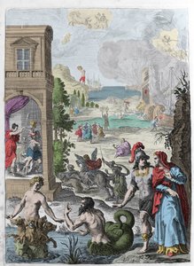 Farklı metamorfozlar, ön planda Scylla ve ona aşık deniz tanrısı Glaucos, arka planda Anaxarete tarafından asılan İphis reddediyor. Ovide