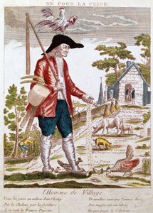 Sorun için yapmayın. Köy adamı. Her gün bir tarlanın ortasında, sıcağın ve soğuğun yanında, yoksul köylünün yıl boyunca çalıştığı ve toplayıcıya ödeme yapacak kadar emeğiyle topladığı görülüyor. Devir öncesi yaşam koşulları üzerine karikatür by Unknown artist